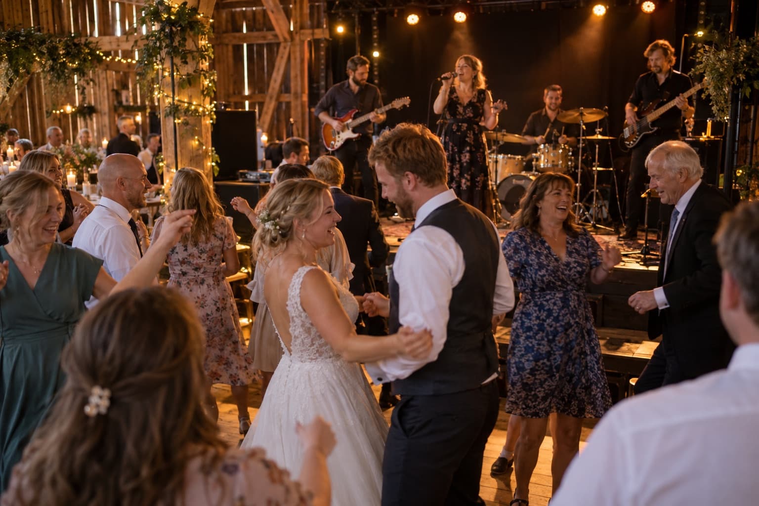 Band med vokalist, gitar, bass og trommer spiller i bryllup, gjestene danser foran scenen