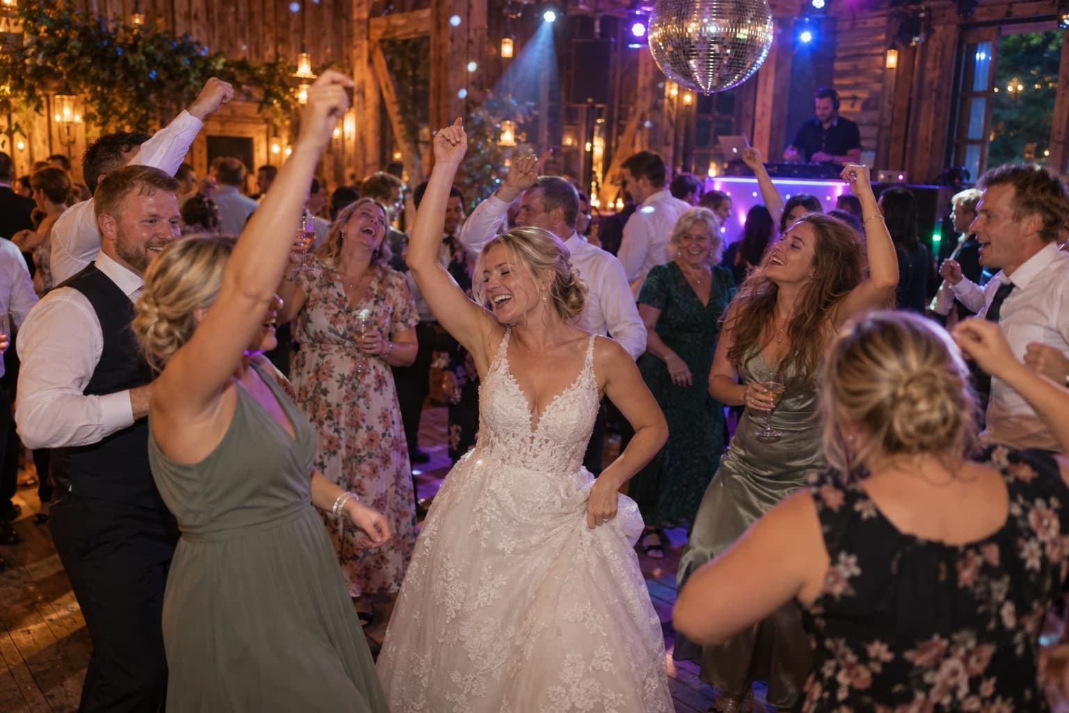 Brud og gjester danser under discokula på bryllupsfesten