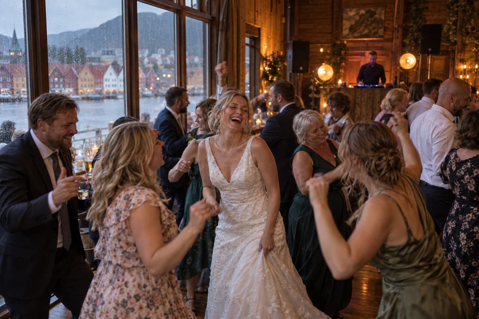 Bryllupsfest i et gammelt trelokale i Bergen, gjestene danser foran DJ-en
