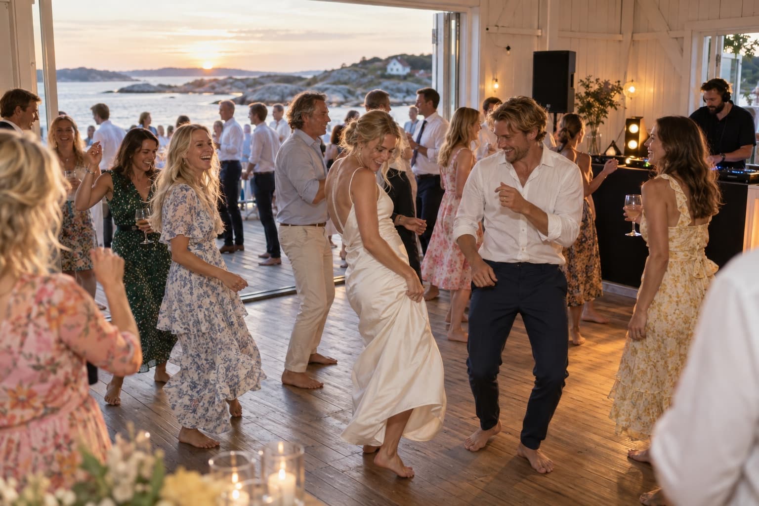 Sommerbryllup i et hvitt sjøhus på Sørlandet, gjestene danser barbeint