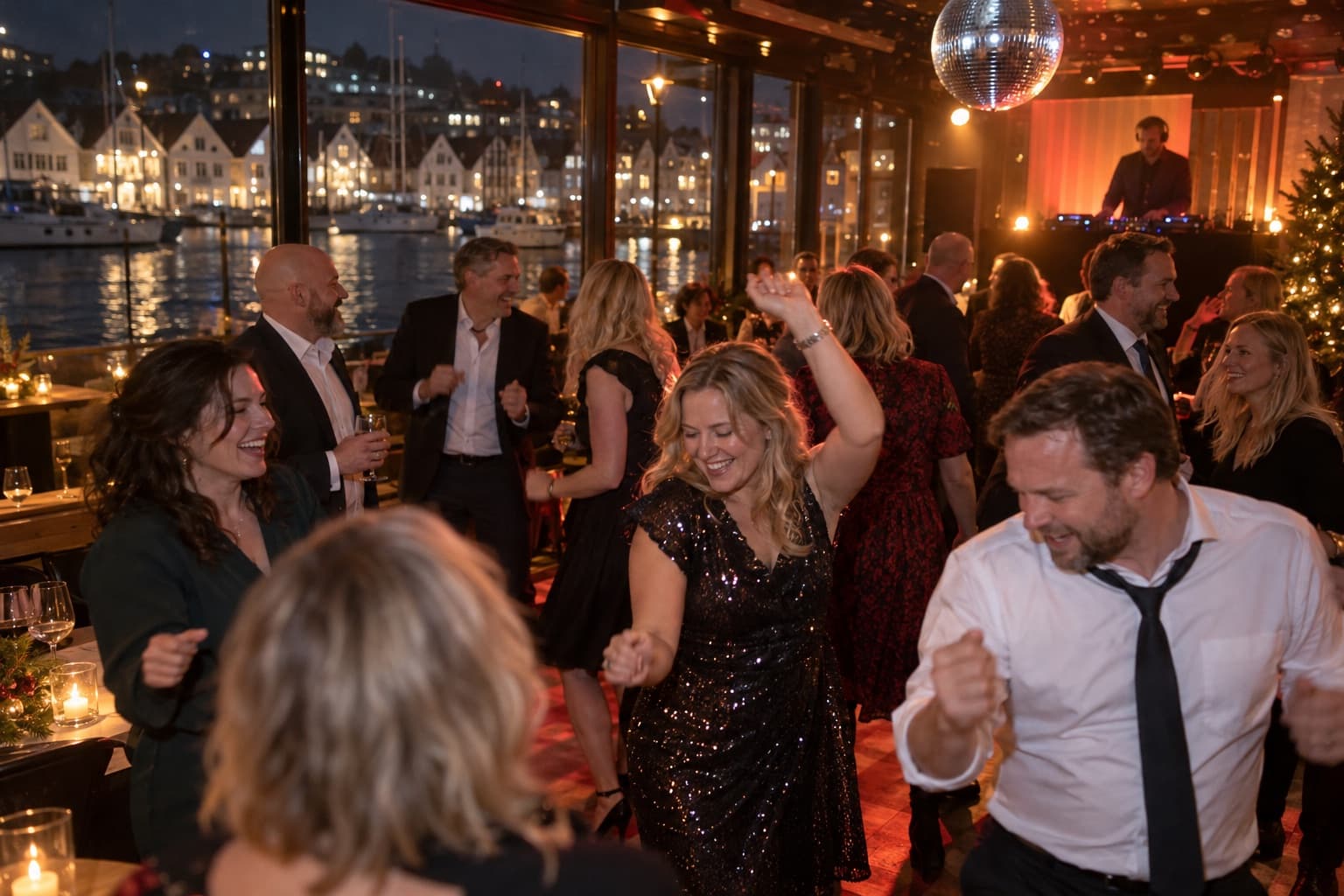 Julebord i et sjøhus i Stavanger, kolleger danser foran DJ-båsen