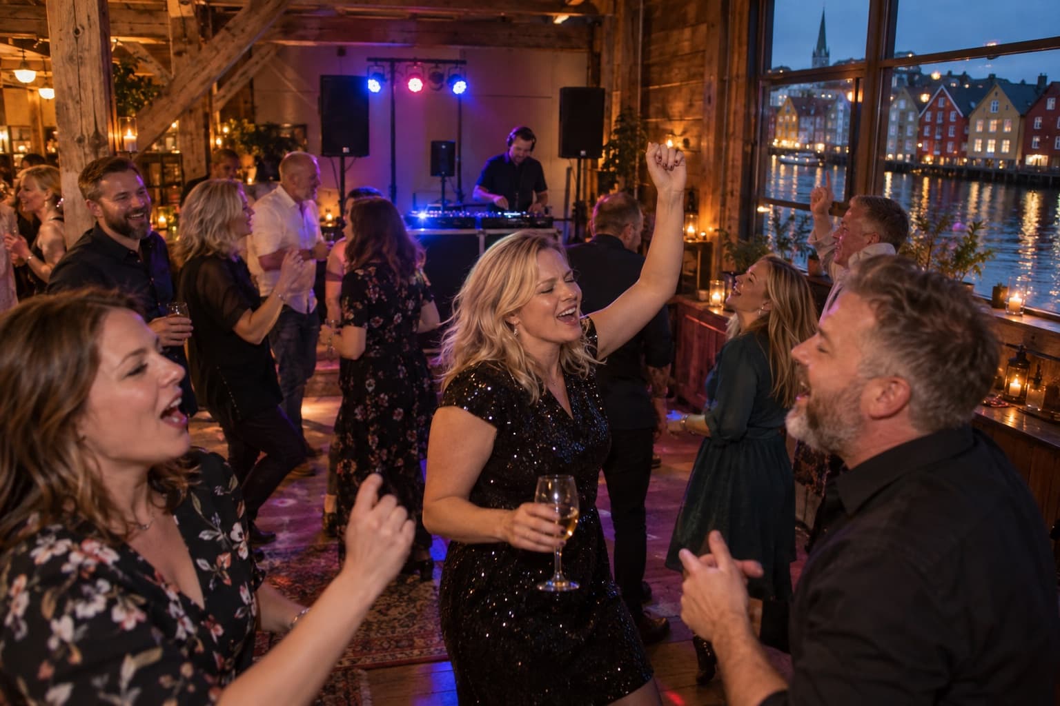 40-årslag i et bryggelokale i Trondheim, venner danser foran DJ-oppsettet