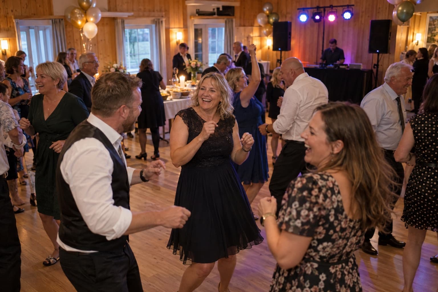 Gjester som danser i 50-årslag, med DJ og lys i bakgrunnen