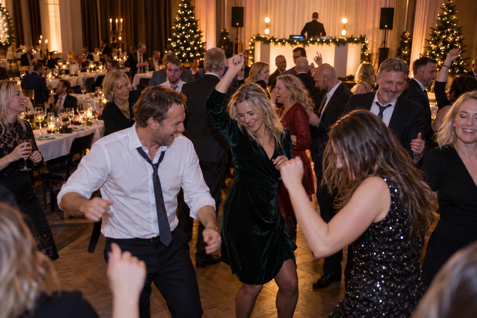 Kolleger som danser på julebord, med DJ-bås og juletrær i bakgrunnen